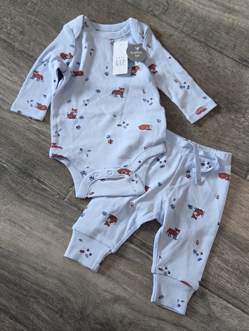 GAP Baby NWT 0-3 Months Light Blue Fox Print Bodysuit & Pants Set